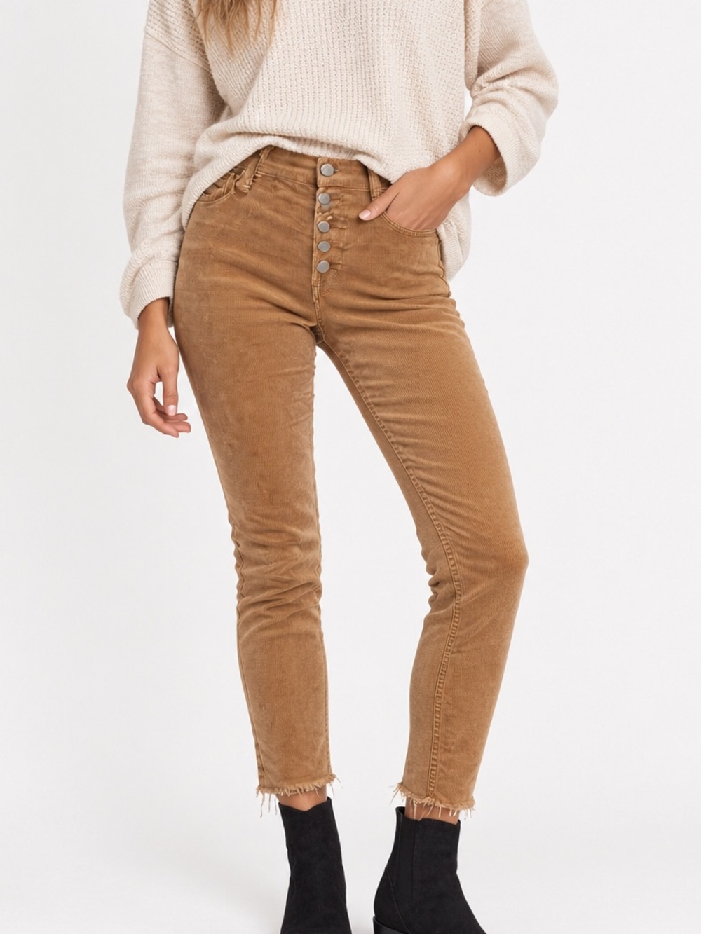 Free People High-Rise Corduroy Ankle Jeans in Camel Brown